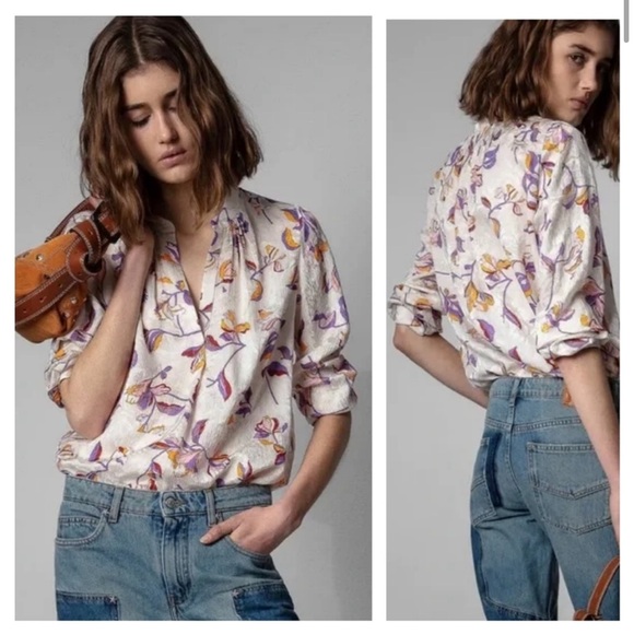 Zadig & Voltaire Tops - Zadig & Voltaire Tink Jac Cut Floral Silk Long Sleeve Cream Button Up To…